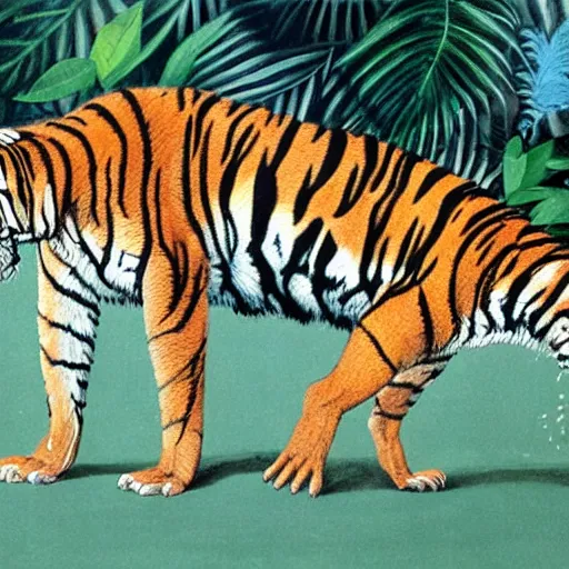 Image similar to a hybrid animal that is half tiger and half crocodile in a futuristic city scape on the edge of the jungle, rule of thirds, painting style of hugo pratt