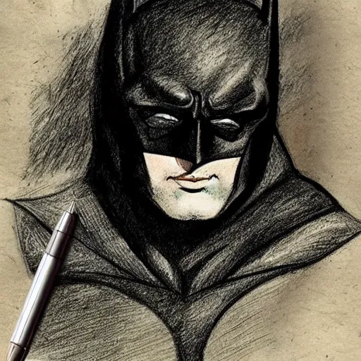 Image similar to batman drawn in ancient notebook, detailed information, sketch style, leonardo davinci,