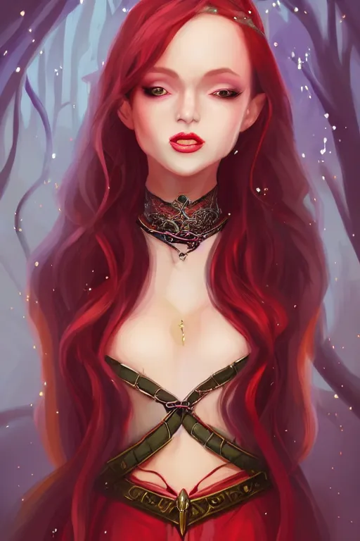 Prompt: a full body portrait of a gorgeous female sorceress, looking at camera, D&D, choker on neck, stylish dress, very long flowing red hair, intricate, elegant, stylish, cute slightly nerdy smile, mouth slightly open, fantasy, extremely detailed, digital painting, artstation, concept art, smooth, sharp focus, illustration, stunning lighting, art by artgerm and greg rutkowski and alphonse mucha and simon stalenhag