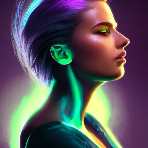 Prompt: electric woman, cute - fine - face, pretty face, oil slick hair, realistic shaded perfect face, extremely fine details, realistic shaded lighting, dynamic background, artgerm, 8 k ultra realistic, highly detailed, octane render, ivan aivazovsky