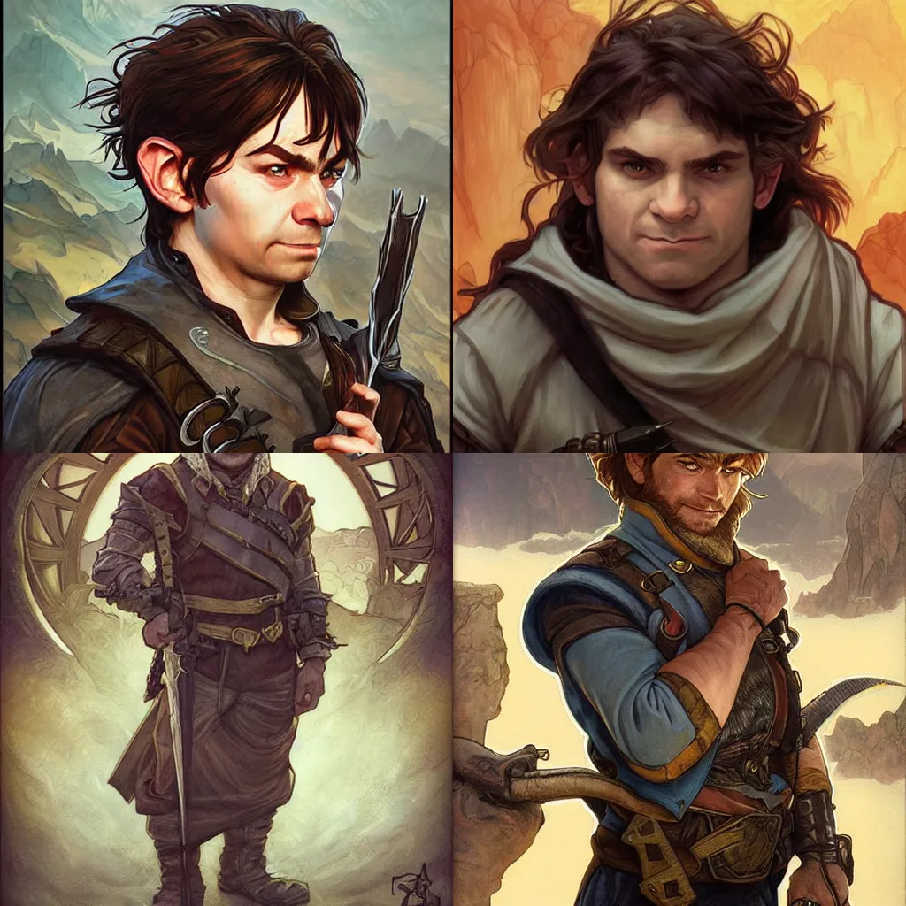 Prompt: portrait of scowling halfling male rogue, shifty smile, untrusting paranoid adventurer, fantasy, highly detailed, digital painting, sharp focus, hand - drawn character concept illustration, art by artgerm, john howe and alphonse mucha