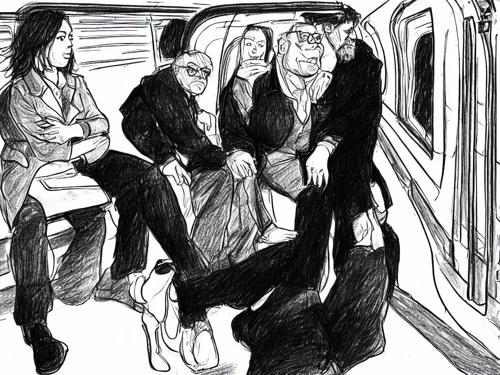 Image similar to a drawing by Jaime Hernandez, a low angle medium shot of two people sitting in an empty Chicago subway train, in front of windows: a sad Aubrey Plaza wearing a winter coat and a man who looks like a mix of (Louis CK and Philip Seymour Hoffman) in a suit