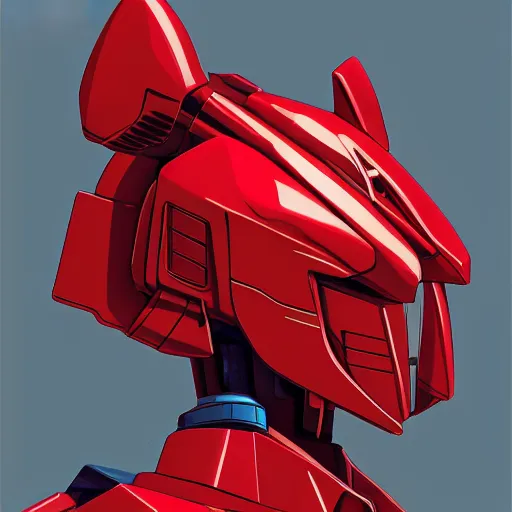 Image similar to red colored, gundam head, v - fin, octane render, soft light, mekka, behance, vector, highly detailed illustration, realistic, artstation. com, by kunio okawara, yoshikazu yasuhiko, syd mead, mamoru nagano,