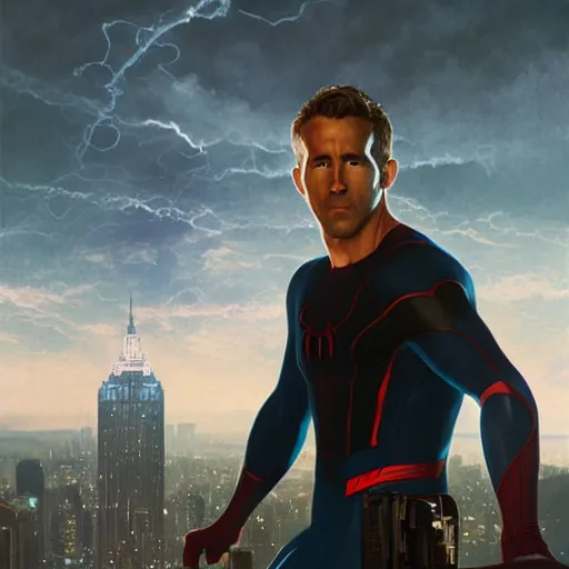 Image similar to ryan reynolds as a black and blue suit spider - man, cinematic, volumetric lighting, f 8 aperture, cinematic eastman 5 3 8 4 film, photorealistic by greg rutkowski, by stanley artgerm, by alphonse mucha