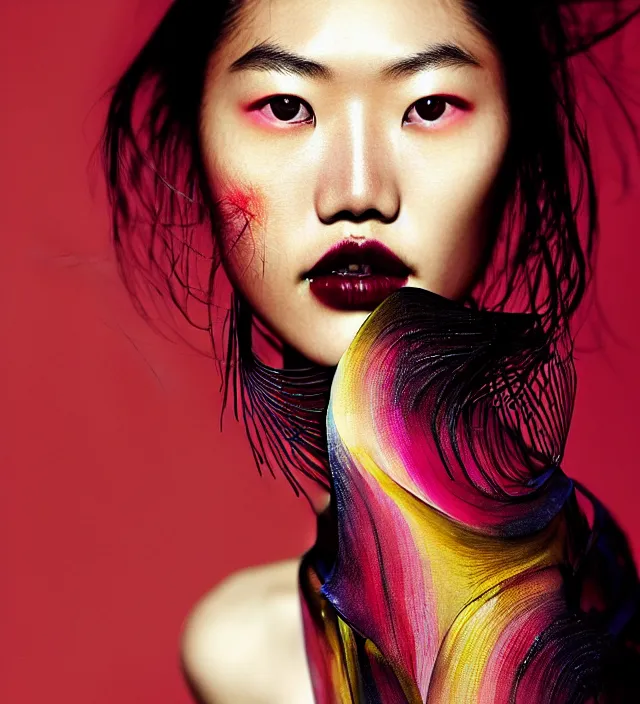 Prompt: photography american portrait of liu wen. great hair style, natural pose, natural lighing, rim lighting, wearing stunning cloth by iris _ van _ herpen, with a colorfull makeup. highly detailed, skin grain detail, film _ noir style lighting, photography by paolo roversi