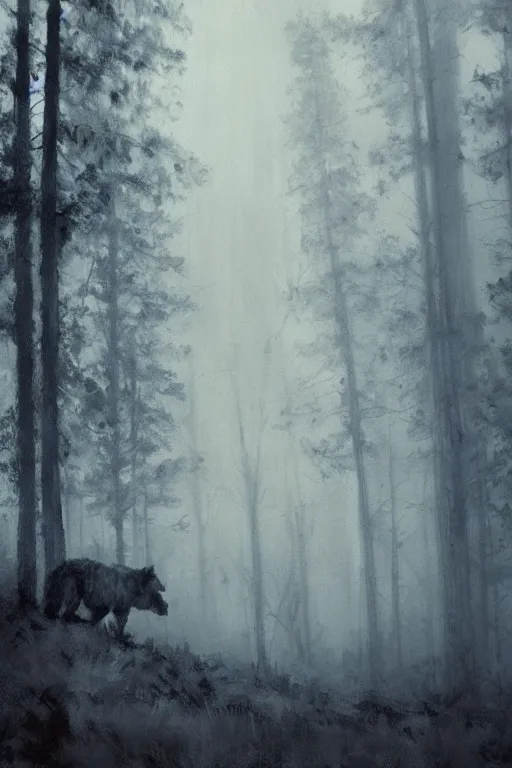 Image similar to detailed cinematic moody colors studio portrait of a distant big werewolf at the foggy forest, in high quality by jeremy mann, only one head single portrait