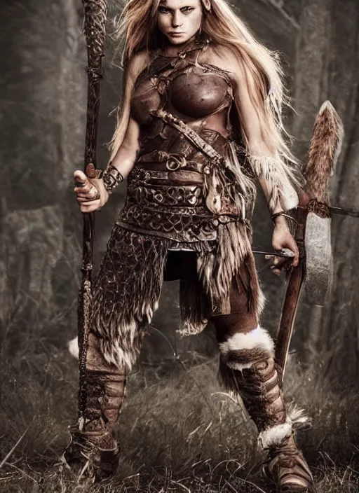 Image similar to viking barbarian very beautiful girl with intricate very detailed leather armor and wolf pelts, wolf heads, aggressive look, full body, photorealistic, soft lighting, dungeon and dragons, dnd, fantasy, extremely detailed