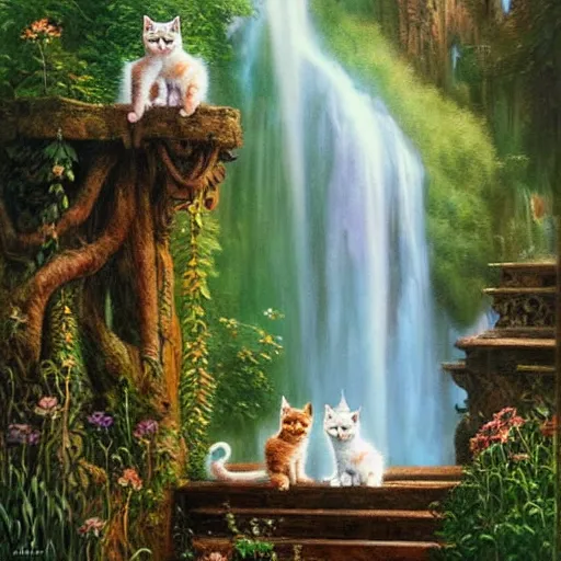 Image similar to two kittens in the enchanted forest stand on the steps and watch the waterfall, fantasy, intricate, extremely detailed, face enhance, matte, featured in artstation, art by louis wain, greg rutkowski