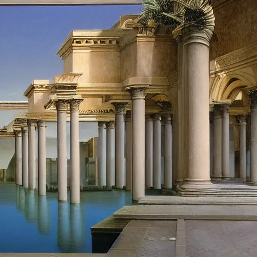 Image similar to David Ligare masterpiece, hyperrealistic surrealism, award winning masterpiece with incredible details, beautiful lighting, pool caustics, illuminated orbs, epic stunning, infinity pool, a surreal vaporwave liminal space, highly detailed, trending on ArtStation, broken giant marble head statue ruins, calming, meditative, geometric liminal space, palm trees, very vaporwave, very very surreal, sharp details, giant gold rings