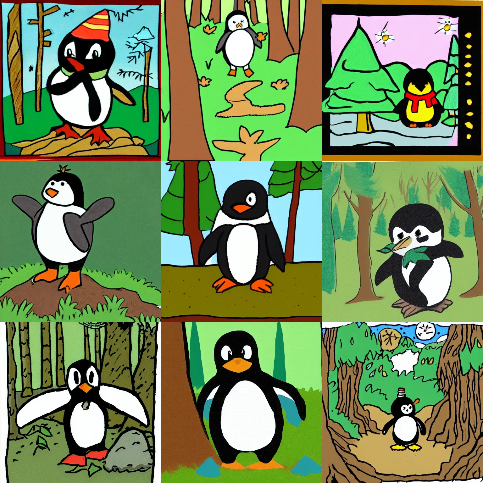 Prompt: mspaint drawing of pokey the penguin sitting in a forest