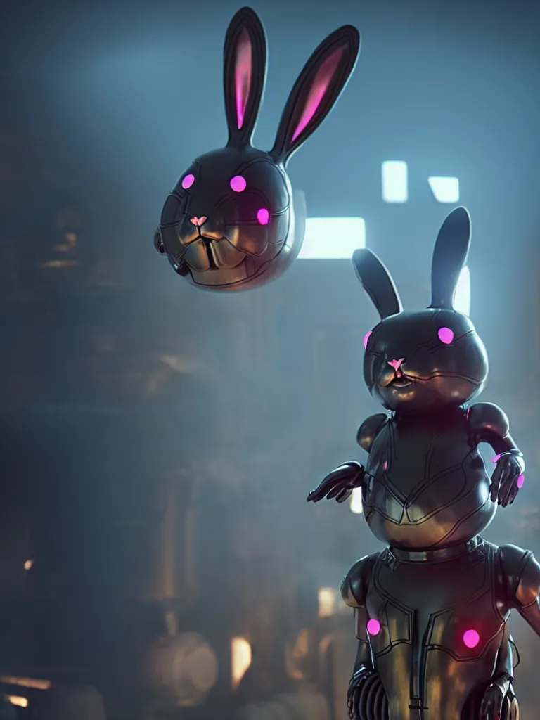 Image similar to film still of a mechanical bunny in a marvel movie, science fiction industrial hard science concept art, 8K render octane high definition cgsociety, photorealistic, unreal engine 5