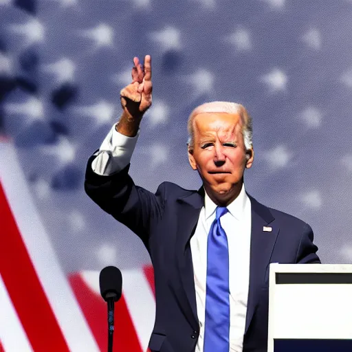 Image similar to joe biden giving speech looking up in the sky hands up