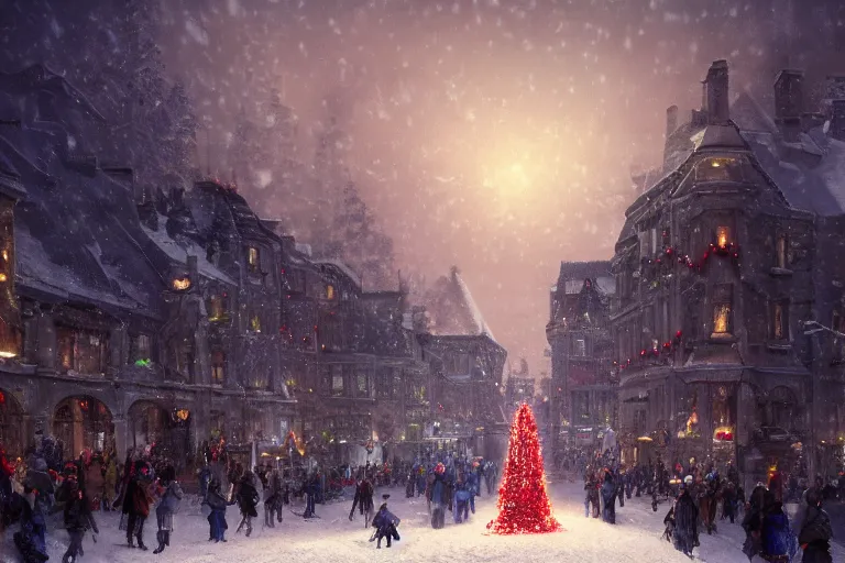 Image similar to a giant guillotine with christmas lights in the center of town, matte painting, concept art, digital art, trending on artstation, 4 k, extremely detailed, realistic, snowing, by norman rockwell, cinematic, epic