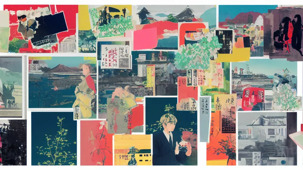 Image similar to an arrangement of postcards, japan, a collage painting, in the style of wes anderson, lola dupre, david hockney, isolated on negative white space background dark monochrome neon spraypaint accents volumetric octane render