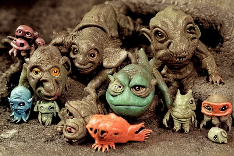 Prompt: autochrome photo of vintage disgusting brown Boglins, plastic goblin monster toys in sewer, kaiju, oni, realistic