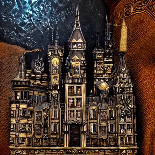 Image similar to An intricate detailed gothic golden castle by Christopher Lovell and H. P. Lovecraft