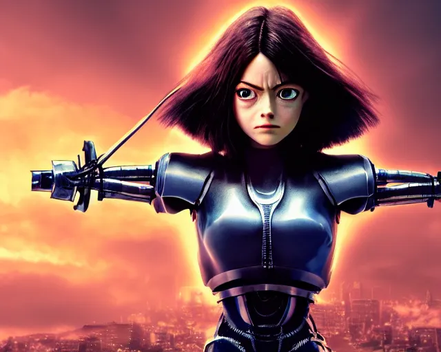 Image similar to a film still from battle angel alita played by actress emma stone, portrait, cinematic lighting, photorealistic, hyperrealistic, highly detailed, photorealistic, high resolution, 4 k