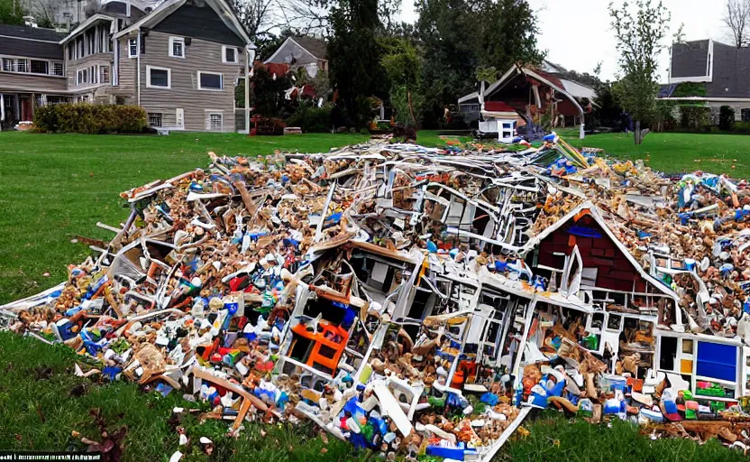 Image similar to a razed broken house made of lego, pieces of lego laying on the lawn