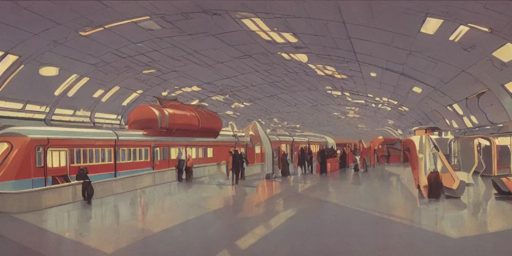 Image similar to soviet ussr retrofuturistic train station by syd mead, ralph mcquarrie, washed colours