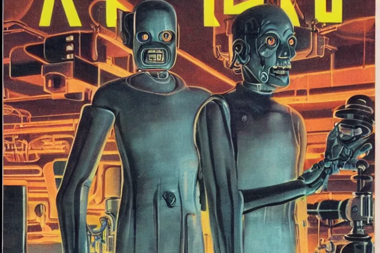 Image similar to 1979 OMNI Magazine Cover depicting Dr Jeckyll and an evil robotic Mr Hyde standing in a laboratory. Cyberpunk Akira style by Vincent Di Fate