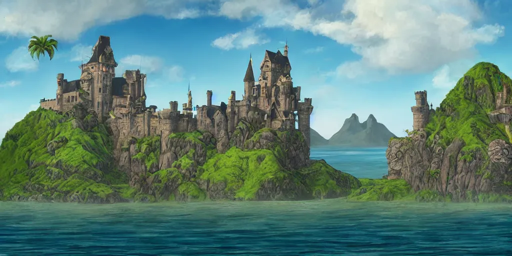 Prompt: matte painting a stunning landscape of a castle on a lost island on a sunny day by brian k. vaughan