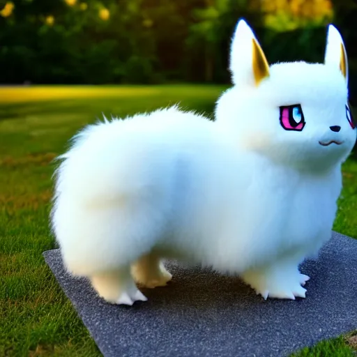 Image similar to real life Pokemon, cute!!!, fluffy!!!, adorable!!!, ultra realistic!!!, golden hour, sharp focus, volumetric lighting