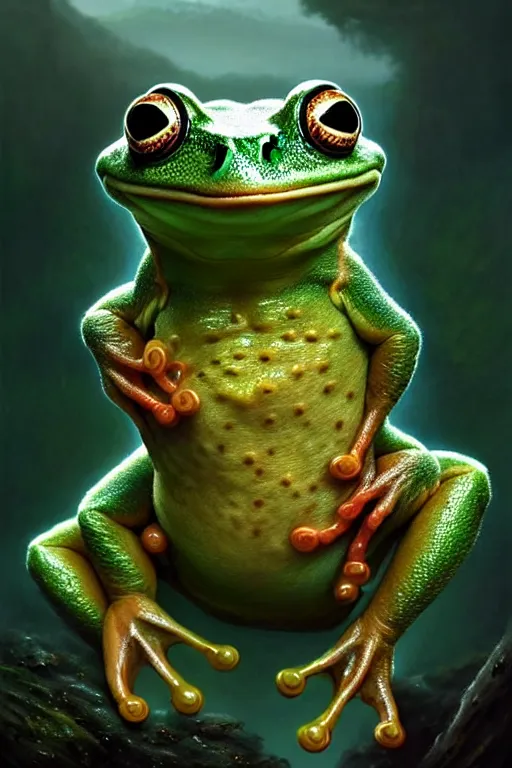 Prompt: a very happy frog, with his hands in the air, fine art, awesome fantasy book cover on Pinterest, award winning, dark fantasy landscape, fantasy magic, intricate, elegant, sharp focus, cinematic lighting, highly detailed, digital painting, concept art, art by WLOP and Artgerm and Greg Rutkowski, masterpiece, trending on artstation, 8K