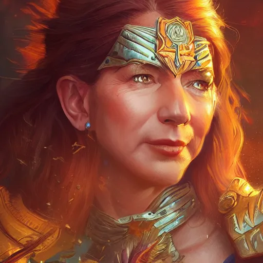 Image similar to Jeff Bezos as a female amazon warrior, closeup, D&D, fantasy, intricate, elegant, highly detailed, digital painting, artstation, concept art, matte, sharp focus, illustration, hearthstone, art by Artgerm and Greg Rutkowski and Alphonse Mucha