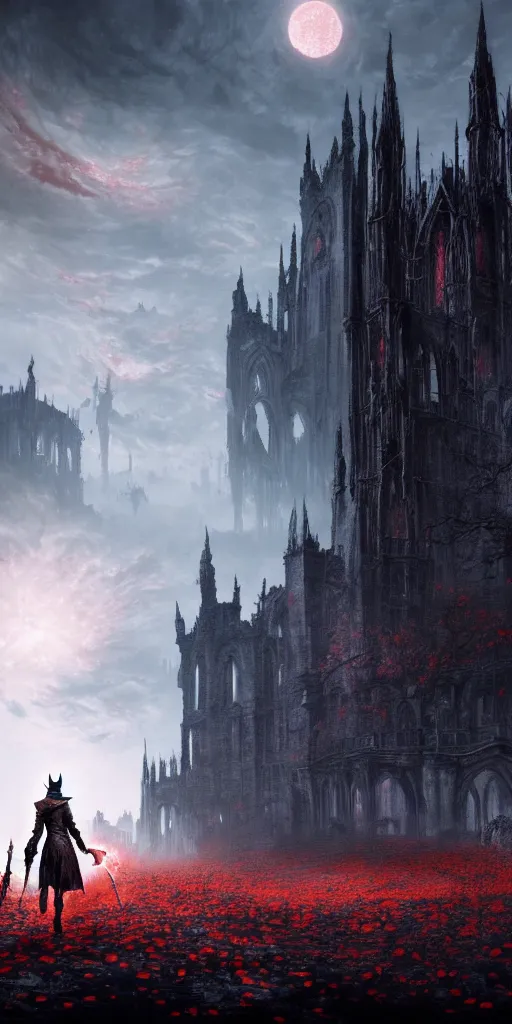 Prompt: abandoned bloodborne old valley with a obscure person at the centre and a ruined gothic city in the background, trees and stars in the background, falling red petals, epic red - orange moonlight, perfect lightning, wallpaper illustration by niko delort and kentaro miura, 1 6 k, ultra realistic