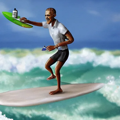 Prompt: obama surfing in rough surf holding a margarita, sharp focus, intricate details, highly detailed, realistic