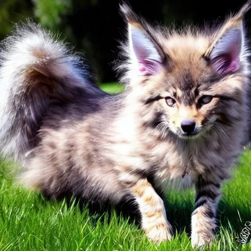 Image similar to a very cute maine coon coyote wolf kitten hybrid with long fluffy tail