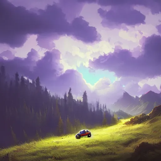 Image similar to blue fiat panda riding in mountains, dramatic light, clouds, artstation, hyper realistic, simon stalenhag