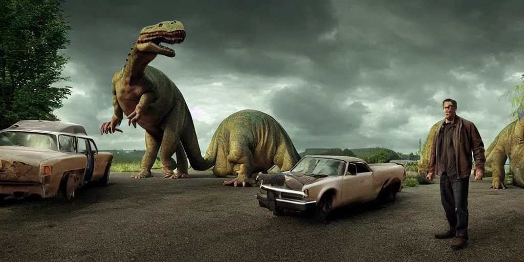 Prompt: a man hiding in front of car from enormous dinosaur Giant dinosaur coming up in background. Photo realistic. Gregory Crewdson. Award winning. Masterpiece, exquisite detail, post processing