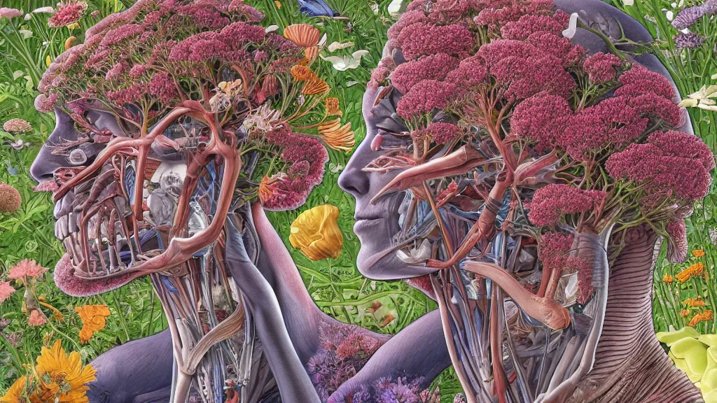 Prompt: highly detailed illustration of a human anatomy head surrounded by all the known species of flowers by juan gatti, by moebius!!, by oliver vernon, by gottfried bammes, by joseph moncada, by damon soule, by manabu ikeda, by kyle hotz, by dan mumford, by kilian eng