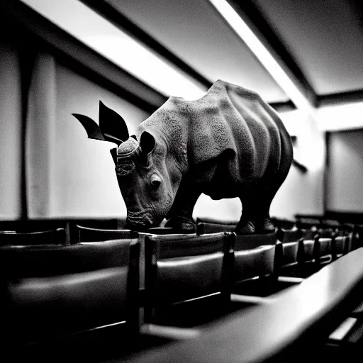 Prompt: a rhinoceros wearing a tiny suit in a wedding chapel, photo realistic, black and white, detailed, cinematic lighting