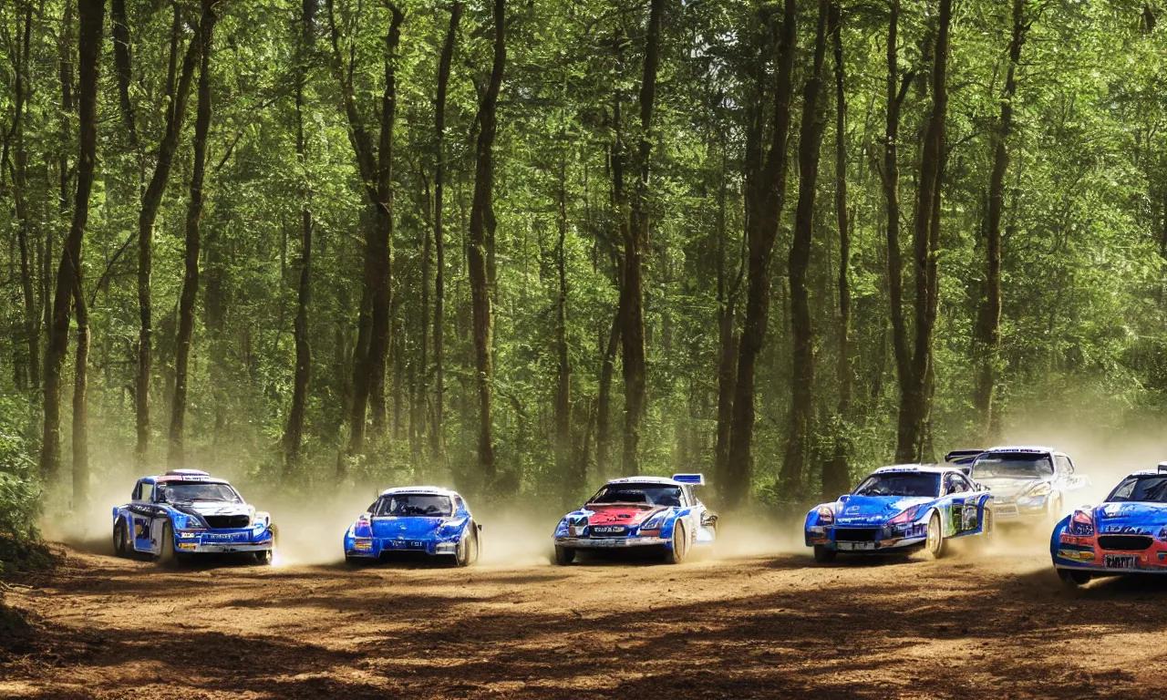 Image similar to 3 rally cars racing through a forest with a river behind them, sun shining through the trees, water colour,