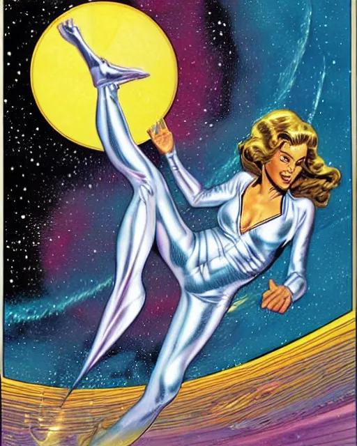Prompt: an award winning comic illustration of a beautiful liquid silver woman surfing the galaxy by Jack Kirby and Joe Jusko ~n 9