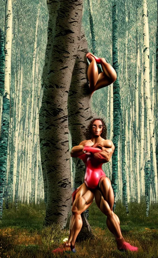 Image similar to photo of superbodybuilder woman posing standing with back in birch forest in jeff koons hip hop bauhaus style, beautiful detailed face, ultra realistic, concept art, intricate details, serious, highly detailed, photorealistic, octane render, 8 k, unreal engine, natural light, art by todd mcfarlane