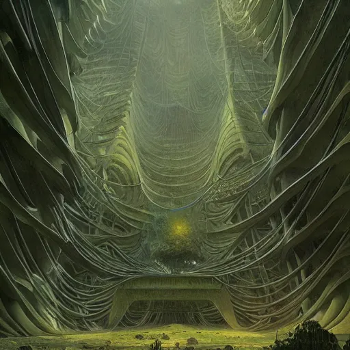 Prompt: epic alien jungle by zdzisław beksinski, greg rutkowski inside a giant futuristic bio structure by zaha hadid