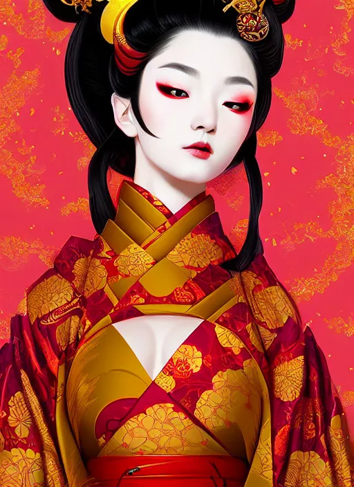 Image similar to dreamlike luxury stunning oiran portrait, red and gold kimono, art by artgerm, wlop, loish, ilya kuvshinov, 8 k realistic, hyperdetailed, beautiful lighting, detailed background, depth of field, symmetrical face, frostbite 3 engine, cryengine,