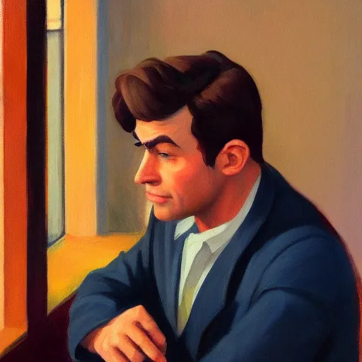 Image similar to a brown haired man with a 5 o'clock shadow, detailed, edward hopper, trending on artstation,