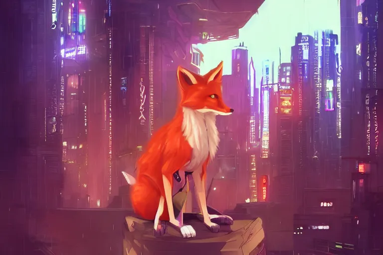 Prompt: an anthropomorphic fox in a cyberpunk city, trending on pixiv, by kawacy, neon backlighting, furry art