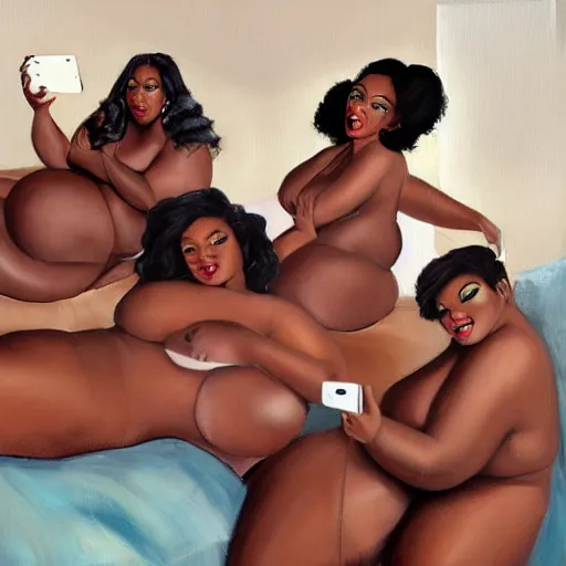 Image similar to photorealistic, stunning, coherent, beautiful painting, still of a group of black bbw models taking a picture of each other posing in the same bed , they are all laying down, one of them is on the phone with her boyfriend , 3d, in the style of pixar, smooth, 3d, highly detailed, highly detailed, sharp focus, bokeh, depth of field, 16k resolution, Unreal Engine 5, coherent, cinematic lighting, photorealistic