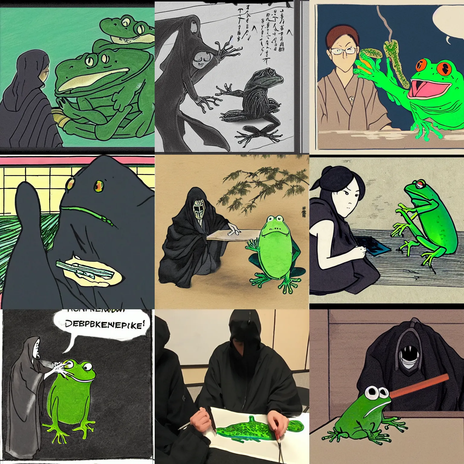 Prompt: A japanese dementor teaching a frog to draw a pickle at Honolulu