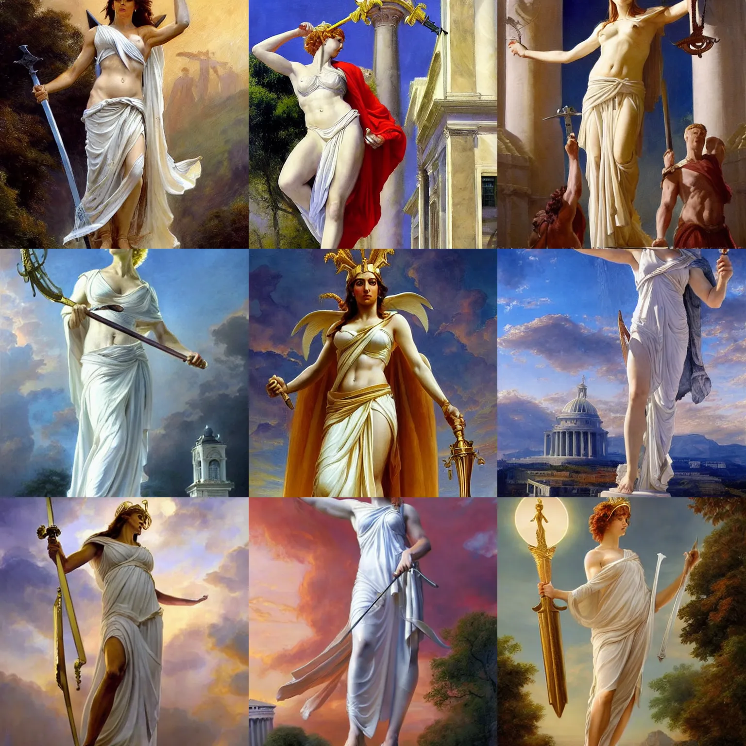 Prompt: greek titan goddess themis personification of justice, clothed!!!!!!!!!!! wearing white toga, full body, entire body, holding scale, holding sword, distant, towering over us capital building, by vladimir volegov and alexander averin and delphin enjolras and daniel f. gerhartz