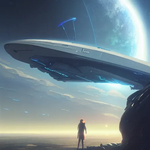 Image similar to a spaceship returns to earth, highly detailed vfx portrait, unreal engine, greg rutkowski, loish, rhads, caspar david friedrich, makoto shinkai and lois van baarle, ilya kuvshinov, rossdraws, elegent, tom bagshaw, alphonse mucha, global illumination, detailed and intricate environment.