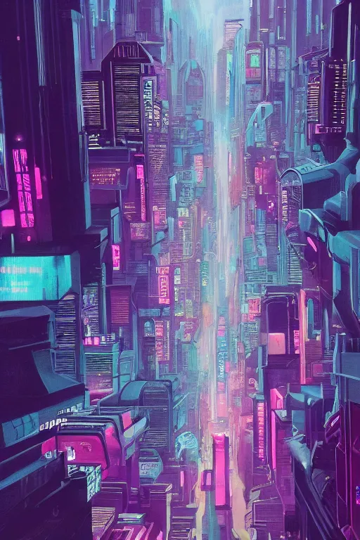 Prompt: cyberpunk city, painted by Danny Flynn and Kevin Wasden,trending on artstation, simple lighting camera view from above,Eraserhead ,vaporwave ,60s kitsch and psychedelia ,oil and canvas ,Blade Runner 2049 ,