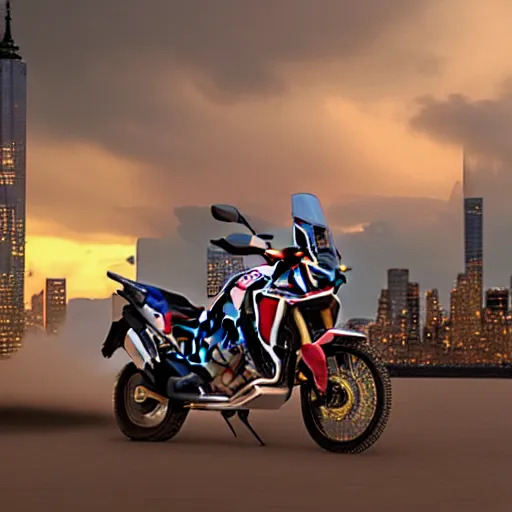 Prompt: honda africa twin at night view of new york in heavy mist, highly detailed, artstation, concept art