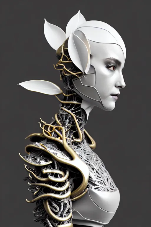 Image similar to monochrome close - up profile face, black background, beautiful young porcelain bio - mechanical vegetal - dragon - cyborg - female, white metallic armour, silver gold details, magnolia leaves and stems, roots, mandelbot fractal, 1 5 0 mm, beautiful natural soft rim light, elegant, hyper real, ultra detailed, octane render, 1 6 k