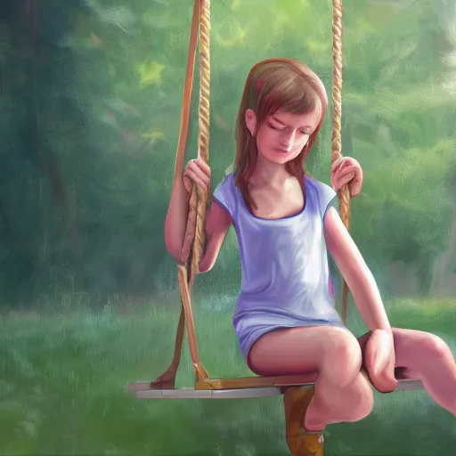 Prompt: A hyperdetailed digital oil painting of A girl is playing on a swing,cartoon, Trending on ArtStation and DeviantArt